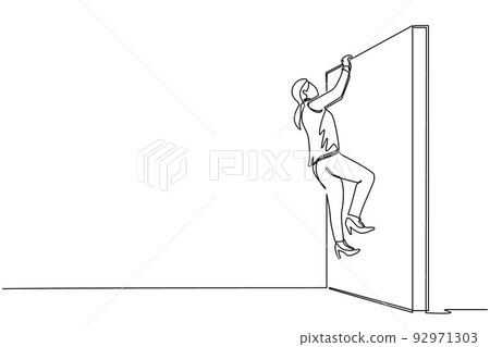 Continuous one line drawing businesswoman climb obstacle wall, solve the problem. Business concept, team metaphor. Successful leader businesswoman. Single line draw design vector graphic illustration Continuous one line drawing businesswoman climb obstacle wall, solve the problem. Business concept, team metaphor. Successful leader businesswoman. Single line draw design vector graphic illustration 92971303