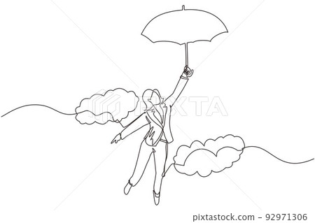 Continuous one line drawing happy wealthy businesswoman flying with her umbrella holding briefcase. Office worker achieve financial independence. Single line draw design vector graphic illustration 92971306