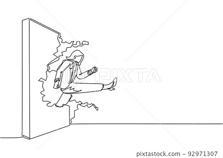 Single one line drawing businesswoman run and breaking through brick wall. Leadership concept. Business concept of obstacle and solution. Modern continuous line draw design graphic vector illustration 92971307