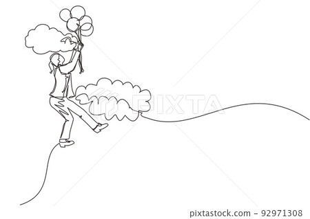 Single continuous line drawing businesswoman floating with balloon. Woman holding balloon flying through cloud. Worker reaches goal, target, finds solution. One line graphic design vector illustration 92971308