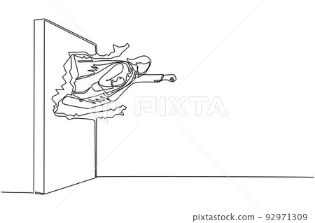 Single one line drawing super businesswoman punches and breaks wall. Flying man breaks the wall. Business concept power, success and overcome difficulties. Modern continuous line draw design vector 92971309