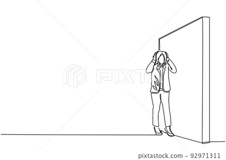 Single continuous line drawing cute businesswoman standing and confused in front of huge brick wall barriers. Scene for wrong business decision, mistake, deadlock. One line draw graphic design vector 92971311
