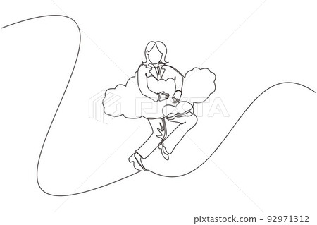 Continuous one line drawing businesswoman hang in the clouds. Hoping for success, financial freedom, winning business project, achievement concept. Single line draw design vector graphic illustration 92971312