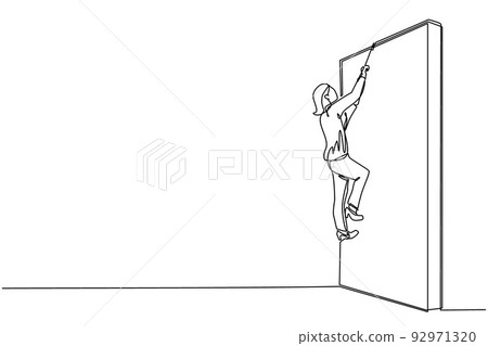 Single one line drawing business determination concept with businesswoman climbing over wall with rope. Ambition, motivation, career growth, success, strength. Continuous line design graphic vector 92971320