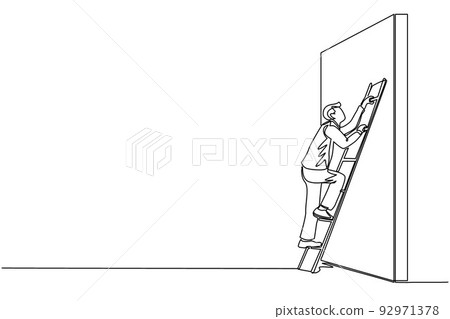 Continuous one line drawing businessman climbing up the wall with ladder. Business obstacle metaphor. Symbol for career growth, finding creative solution. Single line draw design vector illustration 92971378