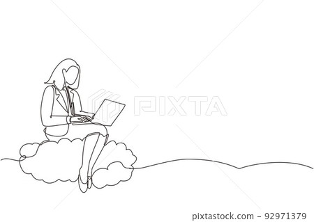 Single continuous line drawing businesswoman sitting on cloud in sky and working with laptop. Wireless connection. Social networking, chatting using cloud storage. One line draw graphic design vector 92971379