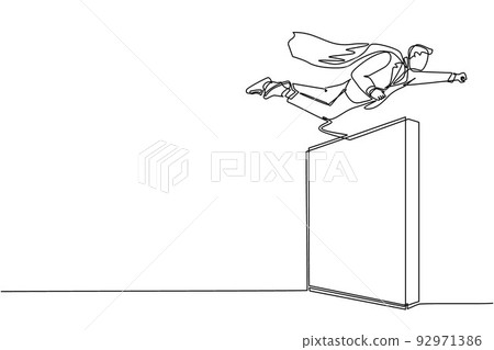 Single one line drawing super businessman flying over the wall. Employee superhero flying through the wall. Business concept power, success, overcome difficulties. Continuous line draw design vector Single one line drawing super businessman flying over the wall. Employee superhero flying through the wall. Business concept power, success, overcome difficulties. Continuous line draw design vector 92971386