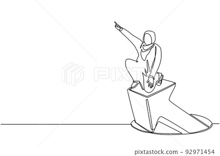 Continuous one line drawing Arabian businesswoman standing on arrows coming out of holes. Woman leading financial graph rising from hole. Business growth. Single line draw design vector illustration Continuous one line drawing Arabian businesswoman standing on arrows coming out of holes. Woman leading financial graph rising from hole. Business growth. Single line draw design vector illustration 92971454