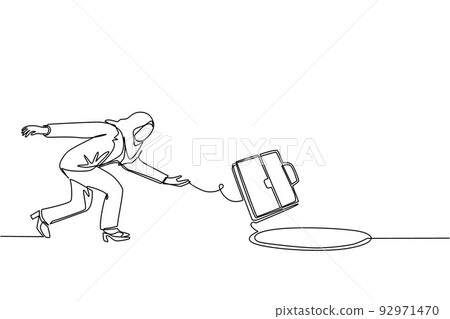 Continuous one line drawing Arabic businesswoman throws briefcase into hole. Failure to take advantage of business opportunities. Depressed and business failure concept. Single line draw design vector 92971470