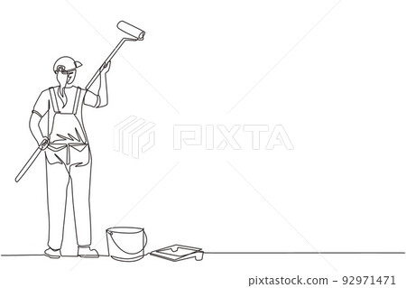 Single continuous line drawing woman painting wall with roller. Vector concept illustration on home repair, renovation, freshen up. Female painter professional at work. One line draw design graphic 92971471