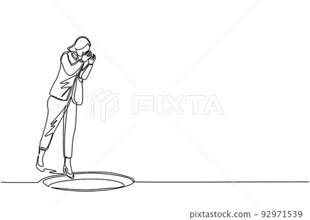 Single continuous line drawing businesswoman scream into pit hole. Woman wondering, looking at big hole, business concept in opportunity, exploration or challenge. One line draw graphic design vector 92971539