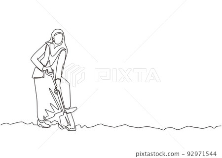 Single one line drawing Arabian businesswoman digging in dirt using shovel. Woman in hijab dig ground with spade. Business metaphor. Hard working process. Continuous line draw design graphic vector 92971544