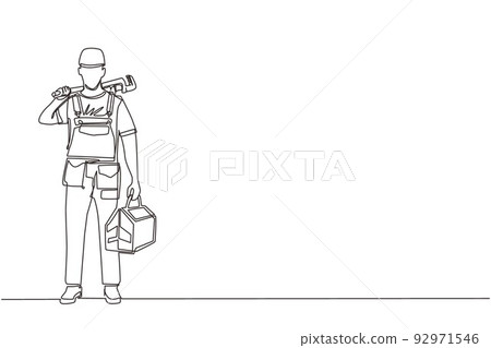 Continuous one line drawing man plumber holding wrench and tools box in hands stands isolated. Professional serviceman character in uniform ready for work. Single line draw design vector illustration 92971546
