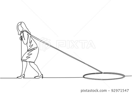 Single continuous line drawing businesswoman trying hard pulling rope to drag something from hole, metaphor to facing big problem. Business struggles. One line draw graphic design vector illustration 92971547