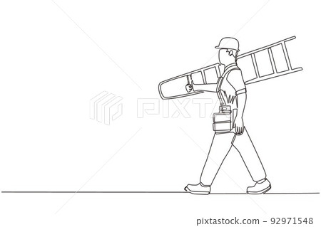 Single one line drawing repairman with ladder. Handyman working on call. Carpenter handle activity on renovation home. Hard laborer job. Painter worker handy man. Continuous line draw design vector 92971548