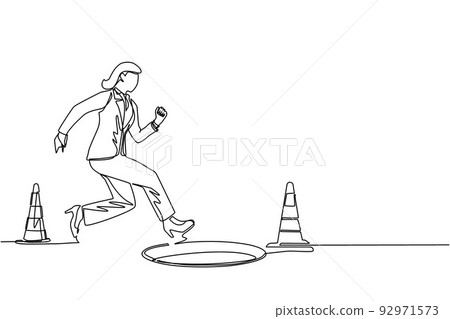 Continuous one line drawing blindfolded businesswoman running to find money with pit hole. Woman runs to business trap. Blind investment concept. Metaphor. Single line draw design vector illustration Continuous one line drawing blindfolded businesswoman running to find money with pit hole. Woman runs to business trap. Blind investment concept. Metaphor. Single line draw design vector illustration 92971573