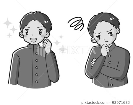 一個穿著校服的男孩帶著興奮的表情和煩惱的表情插圖集（黑白） 92971683