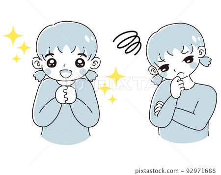 一個表情興奮和煩惱的表情插圖集的女孩 一個表情興奮和煩惱的表情插圖集的女孩 92971688