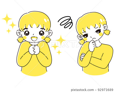 一個表情興奮和煩惱的表情插圖集的女孩 一個表情興奮和煩惱的表情插圖集的女孩 92971689