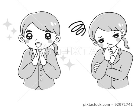 A woman wearing a suit with an expression of excitement and an expression of embarrassment Illustration set (black and white) A woman wearing a suit with an expression of excitement and an expression of embarrassment Illustration set (black and white) 92971741