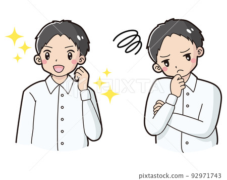 A man wearing a shirt with an expression of excitement and a troubled expression illustration set A man wearing a shirt with an expression of excitement and a troubled expression illustration set 92971743