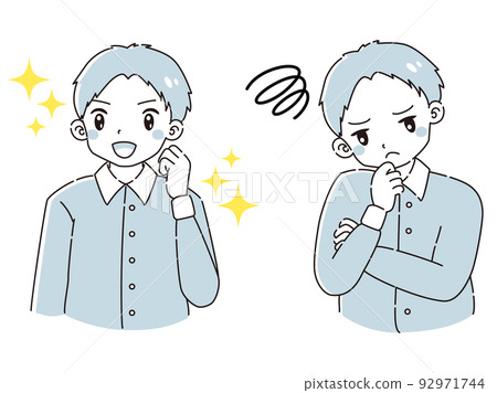 A man wearing a shirt with an expression of excitement and a troubled expression illustration set A man wearing a shirt with an expression of excitement and a troubled expression illustration set 92971744