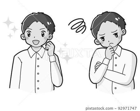 一個穿著襯衫的男人帶著興奮的表情和煩惱的表情插圖集(黑白) 一個穿著襯衫的男人帶著興奮的表情和煩惱的表情插圖集(黑白) 92971747