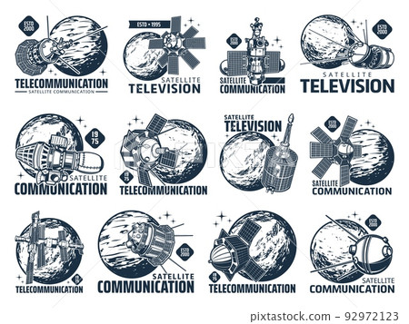 Telecommunication and television satellite vector icons of antenna dish, radio and telecom signal. Digital communication, TV broadcast and IP telephony telecommunication satellite technology icons 92972123