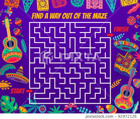 Labyrinth maze game. Cartoon mexican sombrero, guitar, poncho and maracas. Vector square labyrinth maze worksheet, find way game or puzzle in frame of mexican ornaments Labyrinth maze game. Cartoon mexican sombrero, guitar, poncho and maracas. Vector square labyrinth maze worksheet, find way game or puzzle in frame of mexican ornaments 92972126