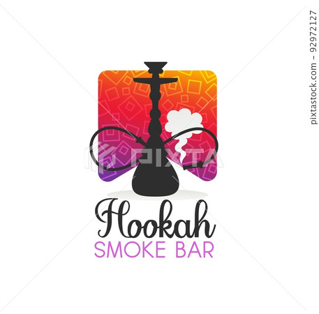 Hookah smoke bar icon of vector shisha or hooka smoking pipe, nargile or sheesha. Lounge bar, tobacco shop or arabic cafe isolated label with silhouettes of hookah or shisha and smoke cloud Hookah smoke bar icon of vector shisha or hooka smoking pipe, nargile or sheesha. Lounge bar, tobacco shop or arabic cafe isolated label with silhouettes of hookah or shisha and smoke cloud 92972127