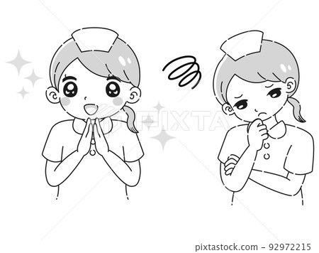 A woman wearing a white coat with an excited expression and a troubled expression Illustration set (black and white) 92972215