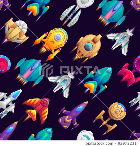 Cartoon galaxy space starships vector seamless pattern background. Kids fantasy galactic rocket shuttles and cosmic spaceships in space, alien UFO spacecrafts and starcrafts pattern Cartoon galaxy space starships vector seamless pattern background. Kids fantasy galactic rocket shuttles and cosmic spaceships in space, alien UFO spacecrafts and starcrafts pattern 92972231
