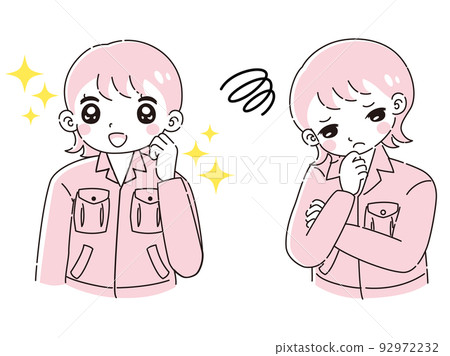 A woman wearing work clothes with an excited expression and a troubled expression illustration set A woman wearing work clothes with an excited expression and a troubled expression illustration set 92972232