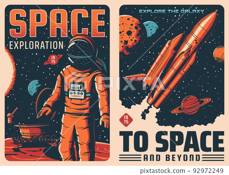 Space exploration. Astronaut and spaceship retro vector posters. Galaxy spaceflight, solar system planets research vintage flyer with astronaut in spacesuit, rover on Mars and shuttle spacecraft Space exploration. Astronaut and spaceship retro vector posters. Galaxy spaceflight, solar system planets research vintage flyer with astronaut in spacesuit, rover on Mars and shuttle spacecraft 92972249