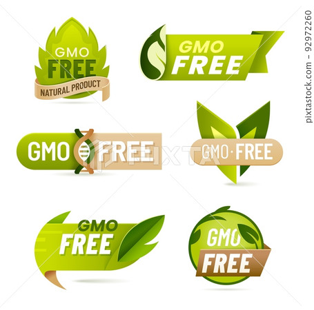 GMO free food icons or labels. Non GMO products vector icons or symbols with green leaves and DNA helix. Organic farm product, food bio safety and vegan diet meals pictogram, seal or sticker 92972260