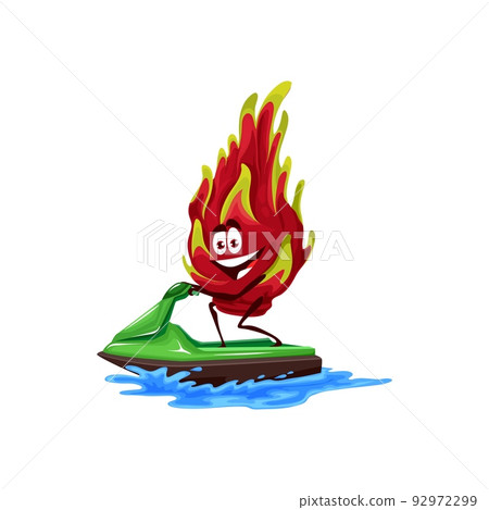 Cartoon cheerful dragon fruit on water bike scooter. Funny vector pitahaya character sportsman riding waterbike by sea waves. Watersport recreation, summer holidays activity, personage on vacation 92972299