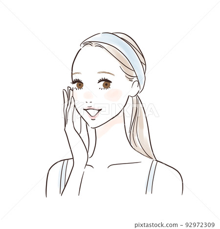 一個女人用微笑、美麗、一個結撫摸她的臉 一個女人用微笑、美麗、一個結撫摸她的臉 92972309