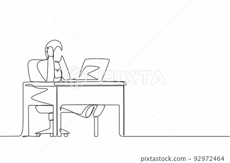 Single continuous line drawing tired office worker woman. Arabian female work at laptop feeling bad. Hold her head. Headache sick, exhausted, stressed, depression. One line draw graphic design vector 92972464