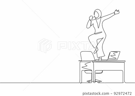 Single continuous line drawing happy office worker dancing on desk. Arabian businesswoman dancing while sitting at desk. Having fun at work. Work from home concept. One line draw graphic design vector Single continuous line drawing happy office worker dancing on desk. Arabian businesswoman dancing while sitting at desk. Having fun at work. Work from home concept. One line draw graphic design vector 92972472
