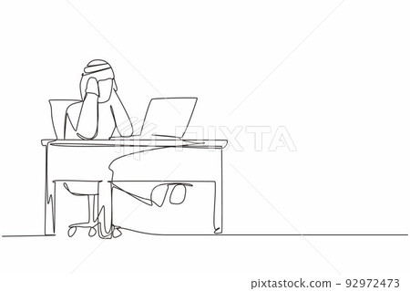 Continuous one line drawing tired office worker man character. Arabian male work at laptop feeling bad. Hold his head. Headache sick, exhausted, stressed, depression. Single line design vector graphic Continuous one line drawing tired office worker man character. Arabian male work at laptop feeling bad. Hold his head. Headache sick, exhausted, stressed, depression. Single line design vector graphic 92972473