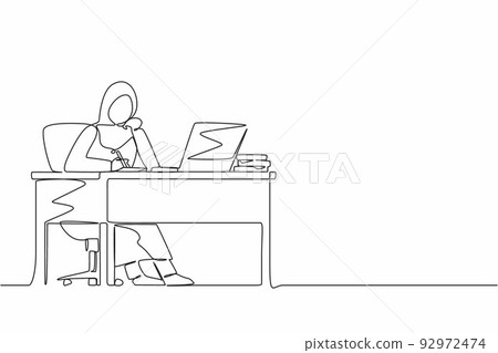 Continuous one line drawing Arabian businesswoman writing sitting in front of laptop at table. Female studying and writing in notebook, at desk in front of computer. Single line design vector graphic Continuous one line drawing Arabian businesswoman writing sitting in front of laptop at table. Female studying and writing in notebook, at desk in front of computer. Single line design vector graphic 92972474