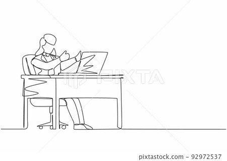 Continuous one line drawing businesswoman giving good sign in front of computer. Female in blazer operating PC while doing thumbs-up sign. Happy employee concept. Single line design vector graphic Continuous one line drawing businesswoman giving good sign in front of computer. Female in blazer operating PC while doing thumbs-up sign. Happy employee concept. Single line design vector graphic 92972537
