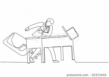 Single one line drawing frustrated and furious young businessman is angry and throwing laptop. Bad workplace emotions. Man manager stress at work. Continuous line design graphic vector illustration 92972648