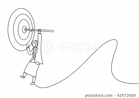 Continuous one line drawing businesswoman hanging arrow on target, business success concept. Businesswoman hanging arrow on target. Goal setting. Single line draw design vector graphic illustration 92972689