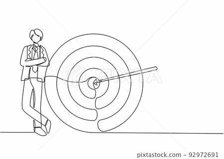 Single continuous line drawing happy businessman or manager is standing near target. Arrow hit target exactly. Making goals, successful business strategy. Dynamic one line draw graphic design vector 92972691