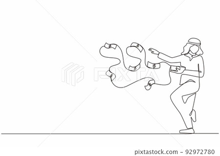 Single one line drawing happy Arabic businessman millionaire throw out pile of money banknotes flying into the air. Success and wealthy fortune entrepreneur. Continuous line draw design graphic vector 92972780