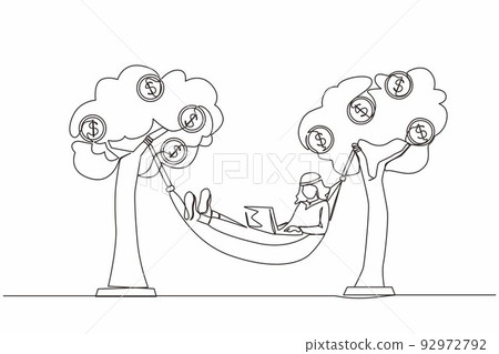 Single one line drawing rich Arabian businessman typing with laptop in hammock tied on money tree with dollar coins. Make profit or dividend from investment. Continuous line draw design graphic vector Single one line drawing rich Arabian businessman typing with laptop in hammock tied on money tree with dollar coins. Make profit or dividend from investment. Continuous line draw design graphic vector 92972792
