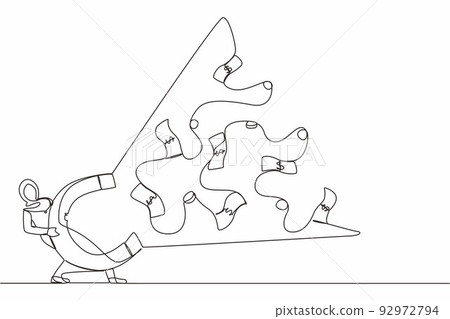 Single one line drawing Arabian businesswoman using big magnet to attract money. Making money, successful business idea, financial success, gain, and profit. Continuous line draw design graphic vector Single one line drawing Arabian businesswoman using big magnet to attract money. Making money, successful business idea, financial success, gain, and profit. Continuous line draw design graphic vector 92972794