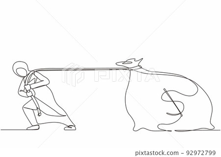 Single continuous line drawing Arabian businesswoman pulling big bag of money. Business metaphor. Corporate competition or business challenge concept. One line draw graphic design vector illustration 92972799