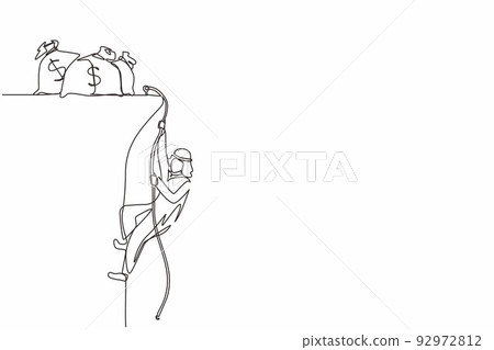 Single continuous line drawing Arabian businessman doing rope climbing towards money bag. Climber hanging on rope and pulling himself on top of rocky mountain wall. One line draw graphic design vector Single continuous line drawing Arabian businessman doing rope climbing towards money bag. Climber hanging on rope and pulling himself on top of rocky mountain wall. One line draw graphic design vector 92972812